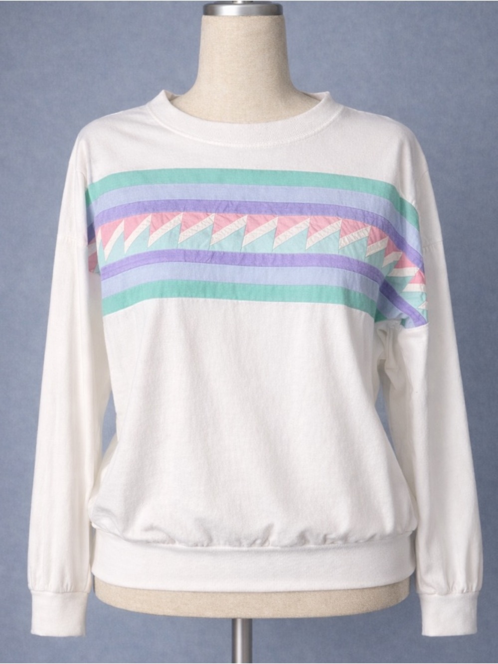 Handmade, quilted pastel and white cotton longsleeve top- fits like 6.